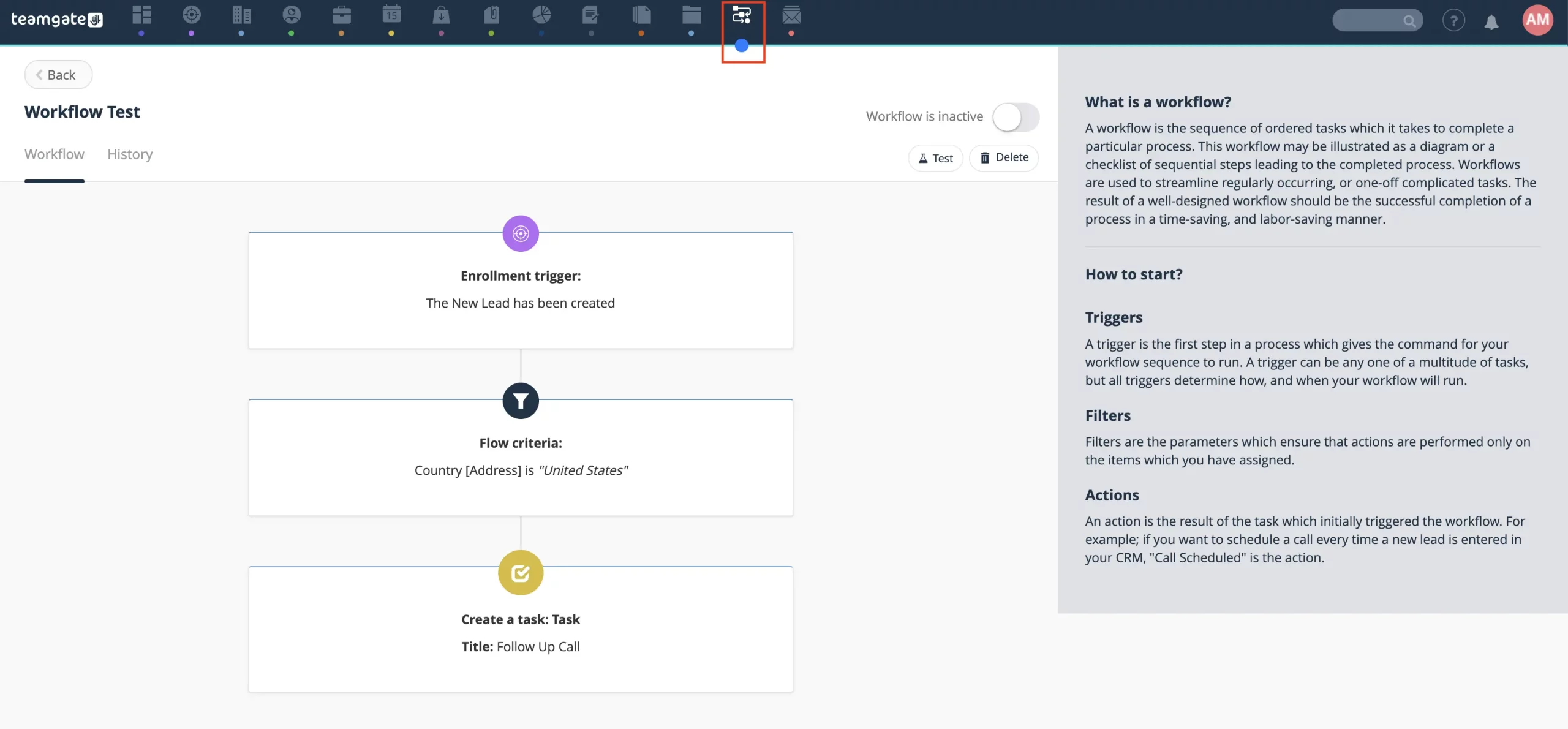 screenshot of teamgate workflow automations